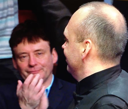 Jimmy White applauds Stuart Bingham, who celebrates after beating Shaun Murphy in the final of the 2015 World Snooker Championship