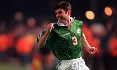 Denis Irwin celebrates after opening the scoring for Ireland against Belgium in the first leg.