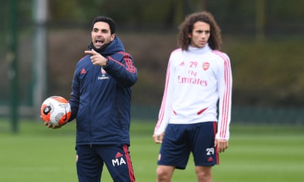 Mikel Arteta holds a training session on Tuesday.