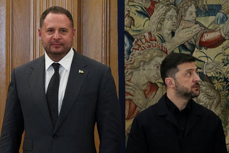 Ukraine’s President Volodymyr Zelenskyy (R) and Head of the Office of the President of Ukraine Andriy Yermak (L) pose for the press, as they meet with Spain’s King Felipe at the Zarzuela Palace, in Madrid, Spain earlier this month.