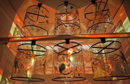 Gamepieces (2003-2020), a four-channel video installation, synthetic polymer paint on six Lexan cylinders, 12 min.
