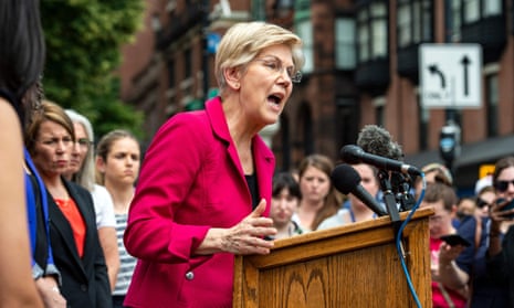 Senator Elizabeth Warren addresses the public during a rally to protest the supreme court’s overturning of Roe v Wade at the Massachusetts state house in Boston, on Friday.