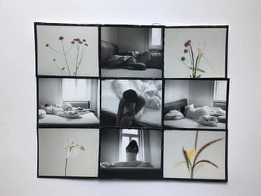 six boxes of a person in bed and flowers on white background
