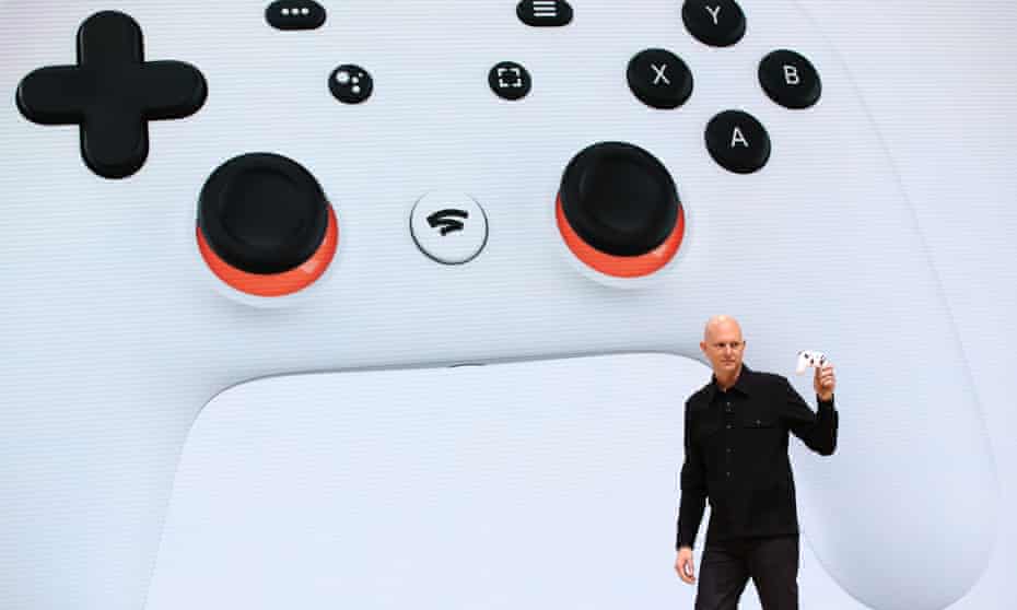 Google executive Phil Harrison debuts the new Stadia controller in San Francisco.