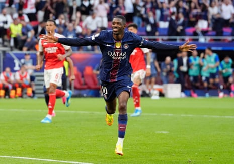 Paris Saint-Germain's Ousmane Dembele celebrates scoring their side's equaliser from the penalty spot.