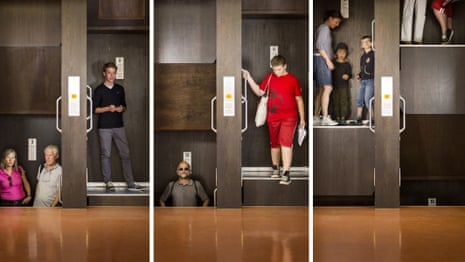 A series of images of people using the newly re-opened Paternoster lift at Stuttgart town hall