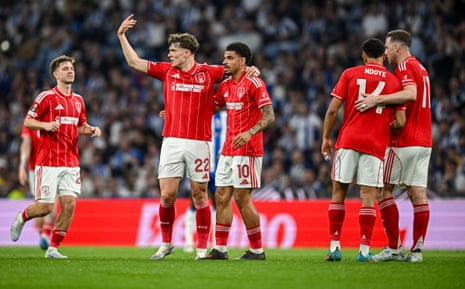 Nottingham Forest’s players celebrate after being gifted an unlikely equaliser courtesy of a freakish Martim Fernandes own goal.