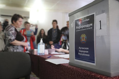 A “referendum” sign is seen as voting begins in Volgograd, Russia.