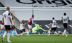 Conor Hourihane scores Aston VIlla’s second goal in their 3-0 win at Craven Cottage.