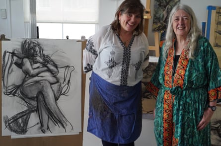 Artist Catherine Goodman, left, with Mary Beard in the studio where they relaxed to an audiobook about Charles Dickens.