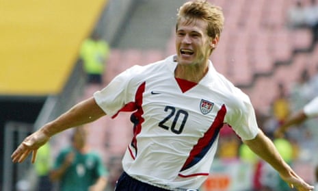 Brian McBride celebrates his goal against Mexico in the last 16 of the 2002 World Cup