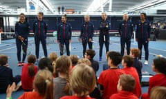 Britain’s Fed Cup team talk to schoolchildren before the Fed Cup tie.