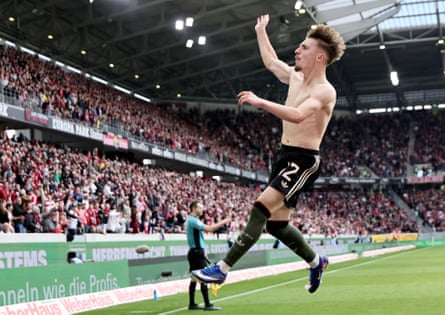 Lennart Karl celebrates after putting Bayern Munich 3-2 up against Freiburg.