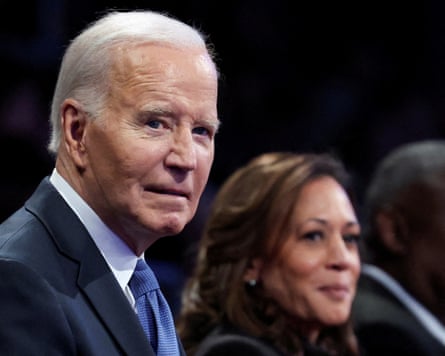 The then US president, Joe Biden, attends a department of defense commander-in-chief farewell ceremony, in Fort Myer, with Kamala Harris.