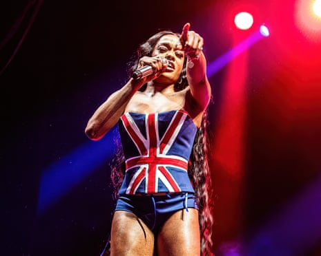 Azealia Banks wearing a union jack leotard on stage at O2 Academy in Brixton, London, in 2024