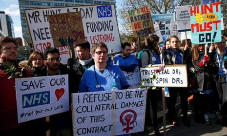 Junior doctors and supporters protest outside St Thomas’ hospital, London, in April.