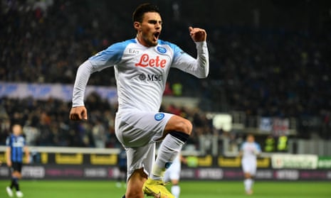 Eljif Elmas celebrates scoring Napoli’s winner in the victory over Atalanta.