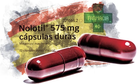 Composite image showing a box of Nolotil and two large maroon pills lying beside it, with a swirling colour wash in red and yellow, like the Spanish flag, over the whole image