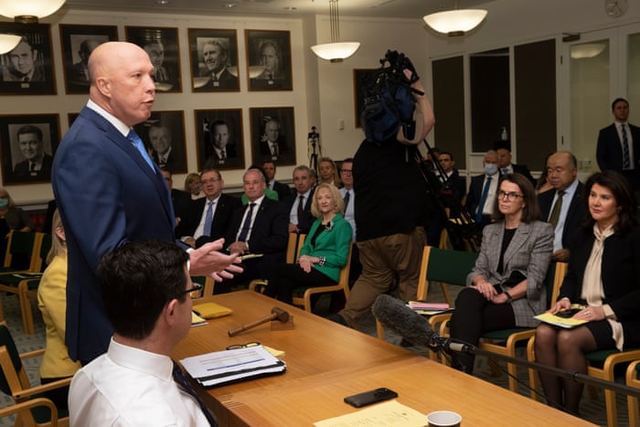 Leader of the opposition Peter Dutton addresses the joint party room