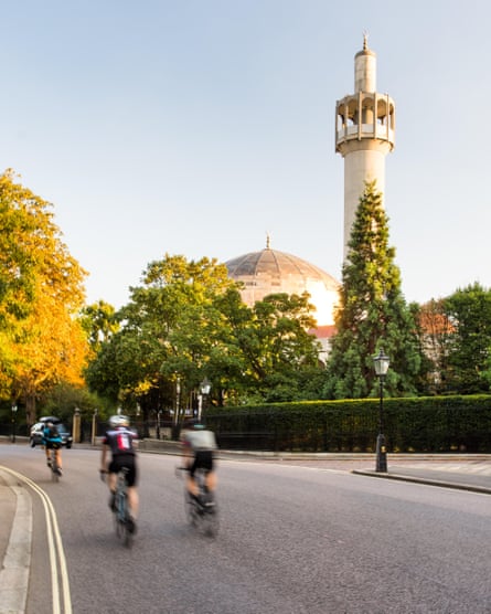 Cyclists pass the London Central Mosque on Regent’s Park Outer Circle.