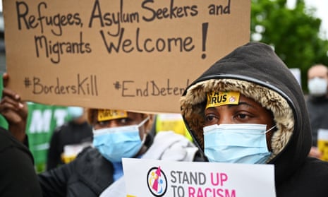 Demonstrators attending a ‘Refugees Lives Matter’ protest on 1 July 2020 in Glasgow after six people were injured in a knife attack at Park Inn Hotel.