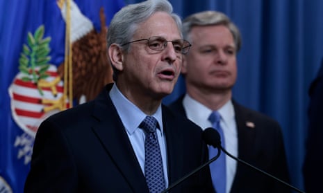 US attorney general Merrick Garland speaks during a press conference, alongside FBI director Christopher Wray, on Wednesday.