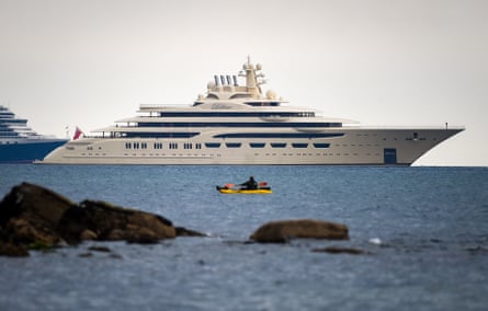 The Dilbar, owned by Russian billionaire Alisher Usmanov, in Weymouth Bay in the UK in 2020.
