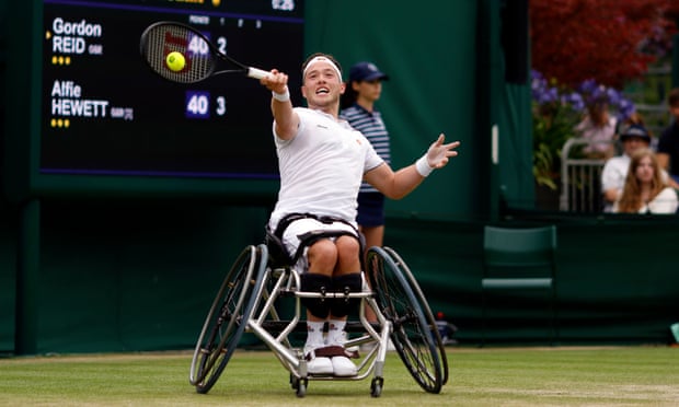 Alfie Hewett plays a shot on his way to victory over fellow British player and doubles partner Gordon Reid in the wheelchair singles.