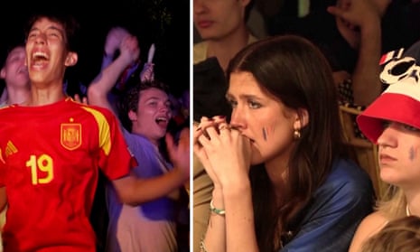 Spain fans go wild as France supporters commiserate semi-final loss – video