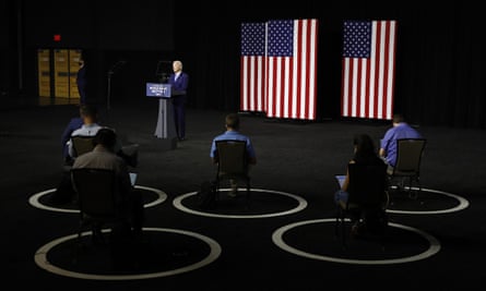 Socially distanced reporters cover Biden’s campaign event in Wilmington, Delaware on Tuesday.