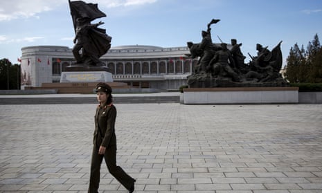 A North Korean soldier arrives to welcome foreign reporters and officials at the War Museum during a government-organised tour in Pyongyang.