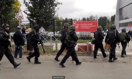 Armed police at the scene at the Perm State University in Perm, Russia.