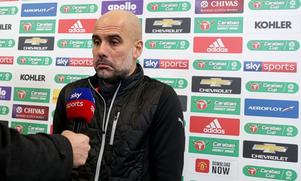 Pep Guardiola at his side’s League Cup semi-final at Old Trafford this month.