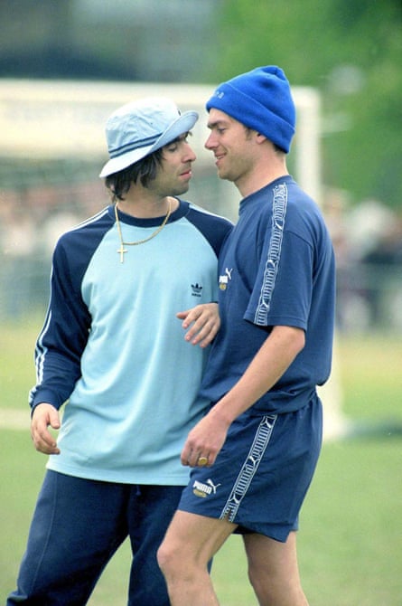 Liam Gallagher and Damon Albarn -May 1996 Come head to head in friendly Oasis v Blur football match Played at Fulham FC as part of the Soccer Six celebrity football tournament