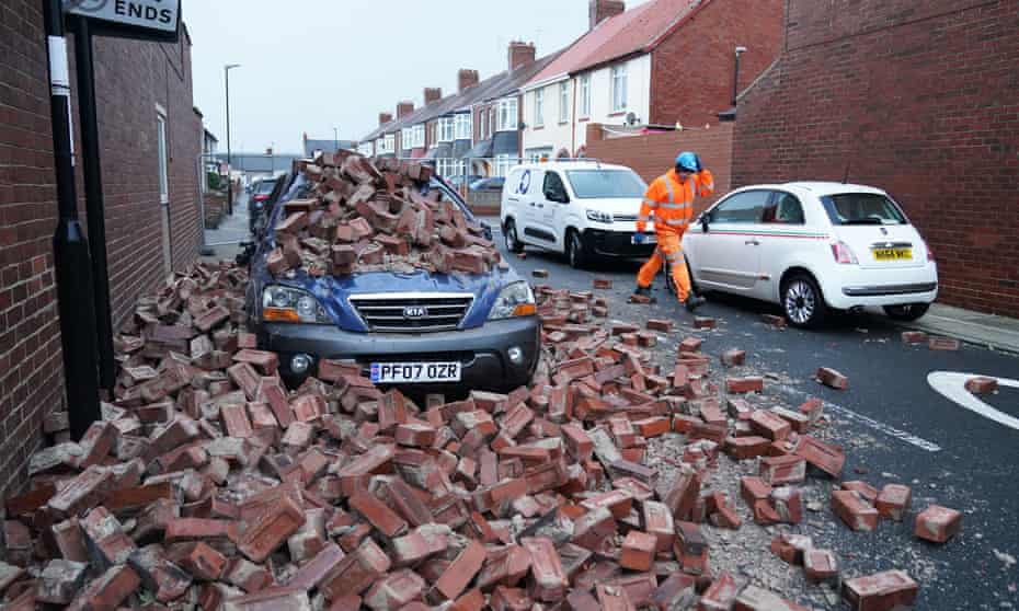 Fallen masonry in Roker, Sunderland after gusts of almost 100 miles an hour battered some areas of the UK.