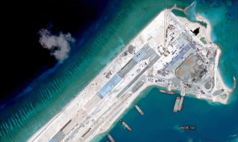 Satellite image of an airstrip construction on the Fiery Cross Reef in the South China Sea.