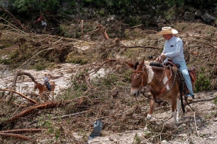 Two search and rescue volunteers on horseback ride through a scene of fallen trees and branches with debris strewn around; they wear cowboy-style wide-brimmed straw hats. The horse in the foreground is brown and white and the horse lower down the slope in the background is a chestnut.