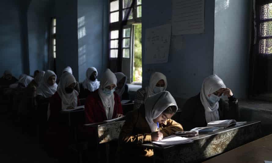 A lesson at Tajrobawai girls’ high school, Herat, November 2021. Herat has been the only province to allow girls to attend school past primary age.