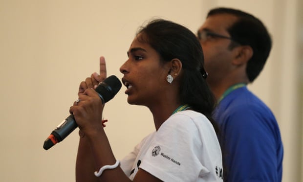 Usha Elumalai speaking at the Street Child Games ‘general assembly’ in Rio de Janeiro, 18 March 2016.