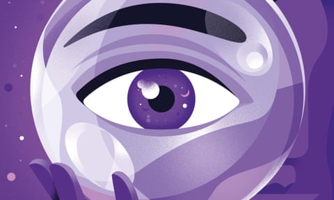 An illustration, in shades of purple, of an eyeball, held in a hand