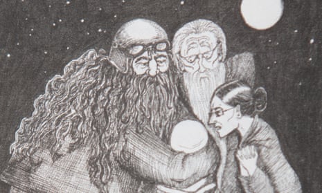 Hagrid, Dumbledore and McGonagall on Privet Drive, by JK Rowling: a detail from one of the illustrations in the anniversary edition of Harry Potter and the Philosopher’s Stone.