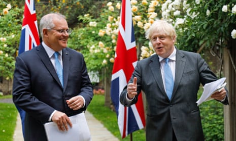 Boris Johnson and Australian prime minister Scott Morrison give a joint news conference in the garden of No 10 Downing Street in London, announcing the broad terms of a UK-Australia trade deal. 