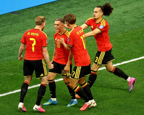 Leandro Trossard celebrates putting Belgium in front against New Zealand in Seattle.
