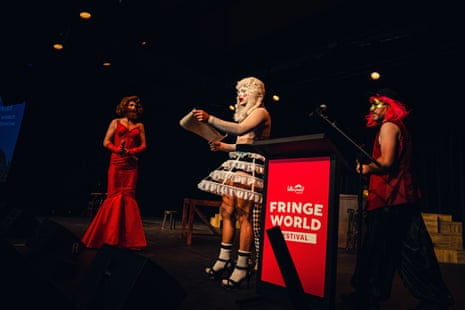 Three artists protest at Fringe World’s launch event in Perth in January 2019, over the event’s sponsorship arrangement with Woodside.