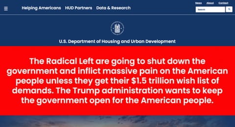 A warning at the top of the homepage for the Department of Housing and Urban Development.