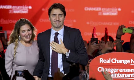 Sophie Gregoire Trudeau stands with her husband Justin Trudeau as he gives his victory speech after Canada’s federal election.