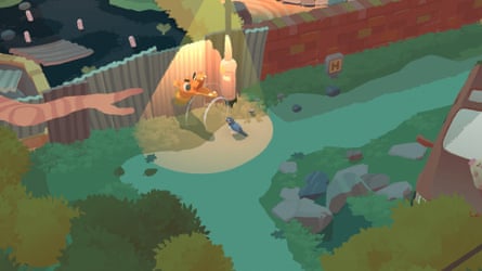 A garden scene with a light illuminating part of the ground.