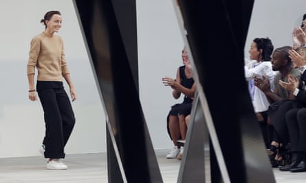 British fashion designer Phoebe Philo in her Stan Smiths at the end of the Celine 2015 Spring/Summer ready-to-wear collection fashion show, in Paris, September 2015.