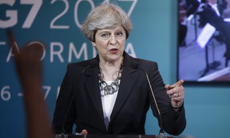 ‘Her armour has been dented’: Theresa May at a news conference in Taormina, Italy last week