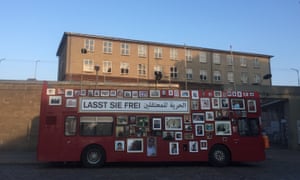 Families for Freedom’s red London bus, parked in front of Hohenschönhausen.